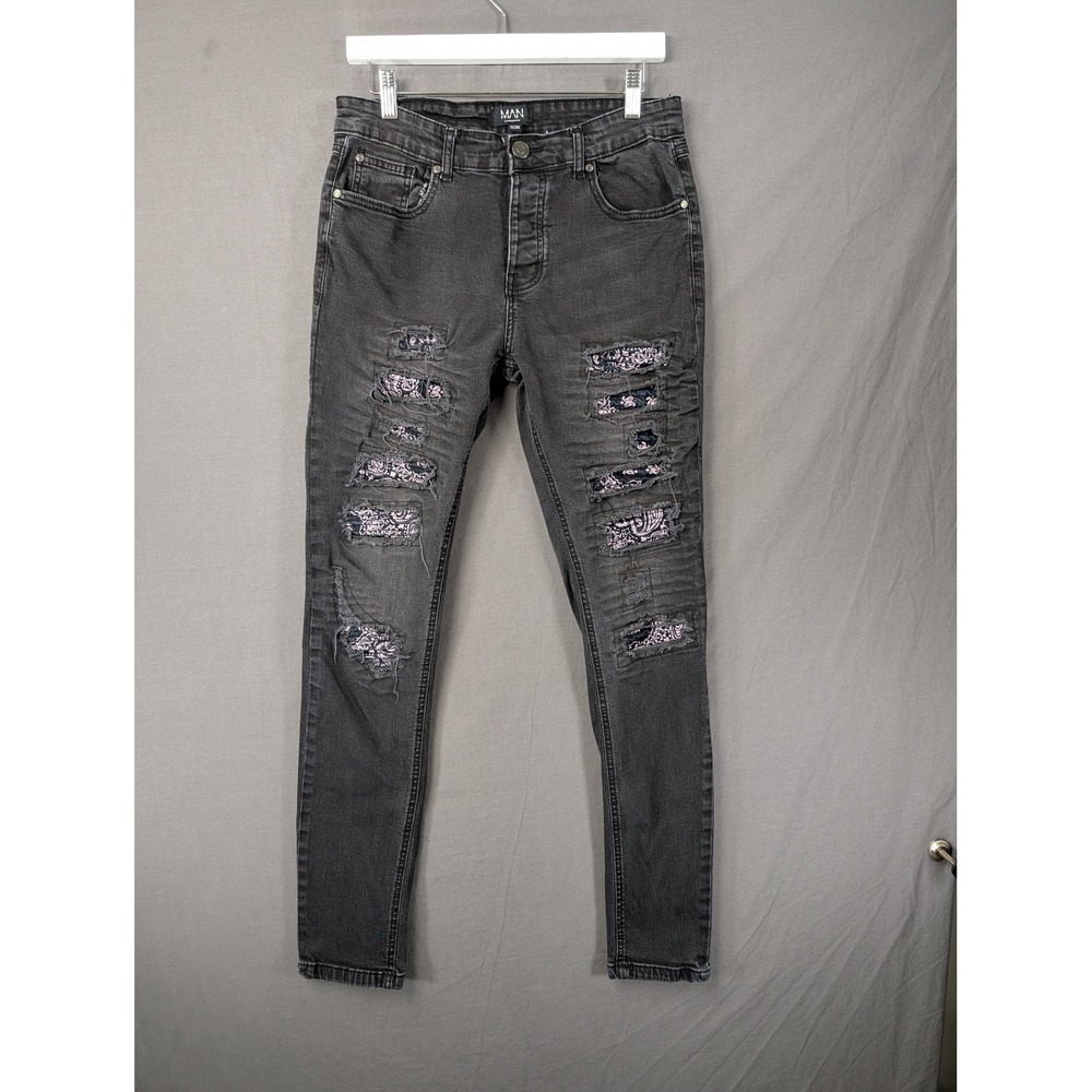 BoohooMAN Mens Skinny Distressed Paisley Patch Jeans Black 32R